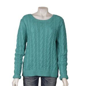 Lands End Drifter Cable Knit Cotton Sweater Long Sleeve Aqua Green Size Large